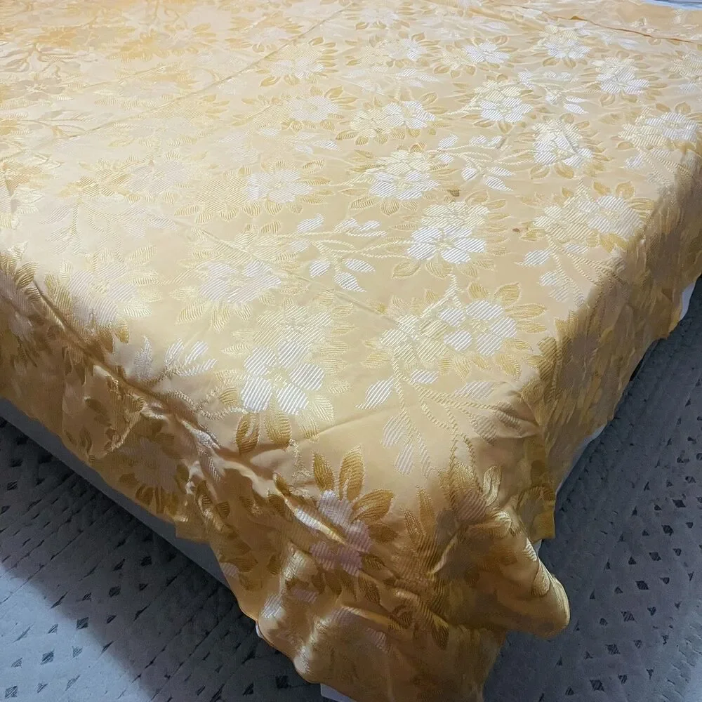 Burlington Mills Satin Bed Cover King Queen yellow gold damask floral 95”x 85”